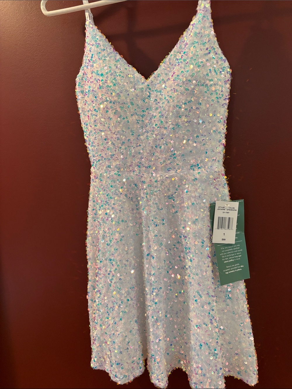 B. Smart White Iridescent Sequin Spaghetti-Strap Dress. Size 1 or XXS
